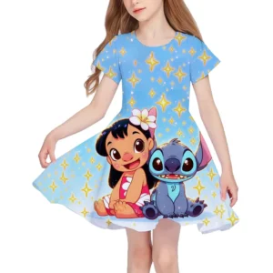 MINISO Stitch Summer Girl Skirt 3D Print Disney Cute Girl Dress Fashion Trend Children's Clothes Party Princess